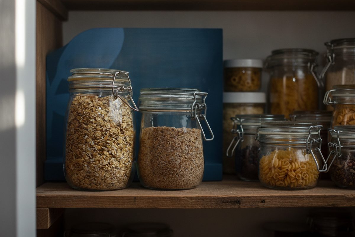 Clamp-lid pantry jars staged on rustic wooden pantry shelf