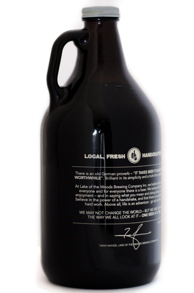 Brown-glass beer growler (honest limitation example) — the original reference photo